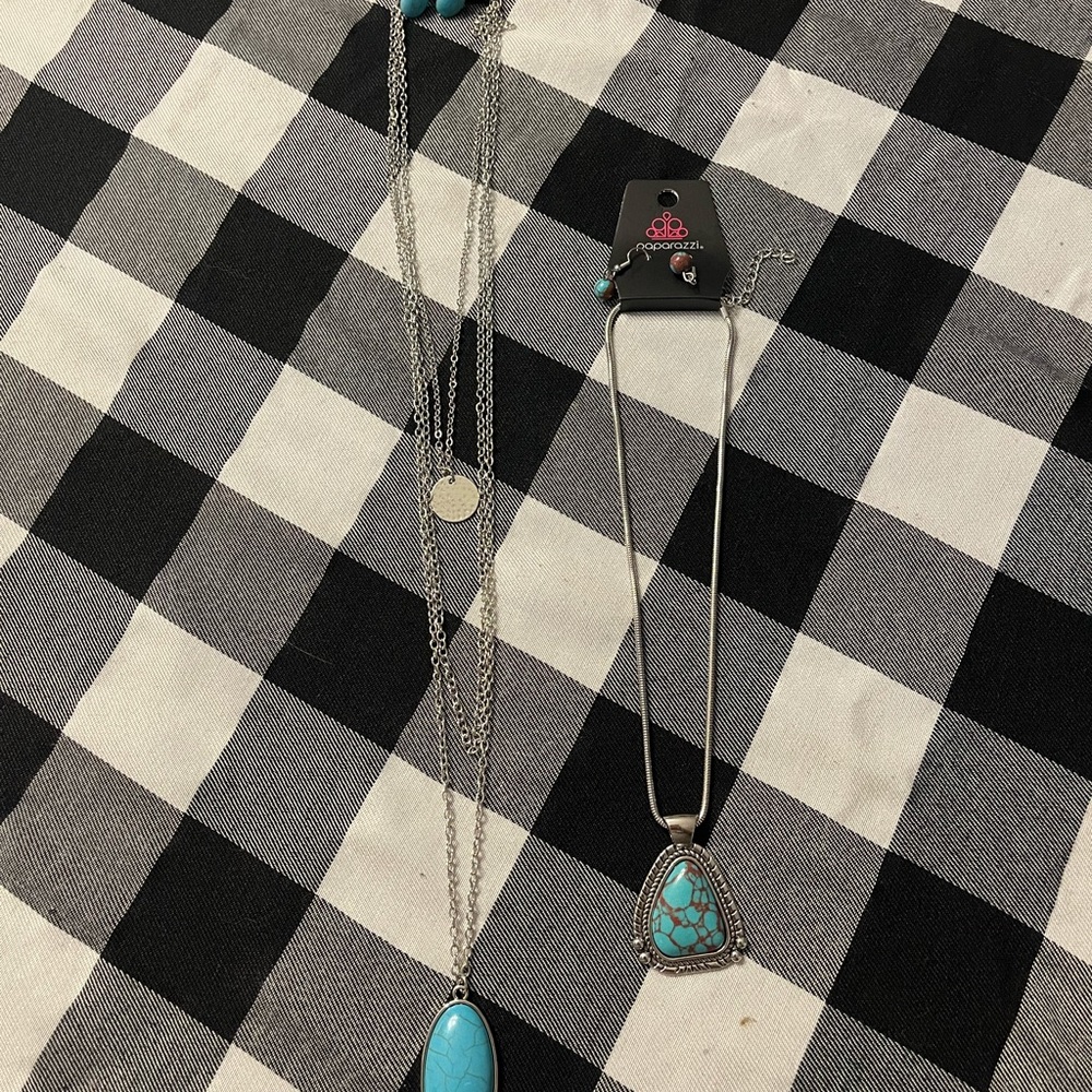 paparazzi Silver-Tone Layered Necklace Sets with Turquoise Blue Pendants